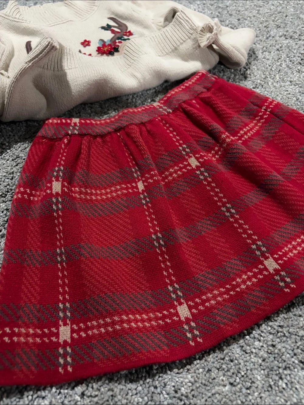 Cynthia Rowley Cream Deer Sweater with Red Plaid Skirt